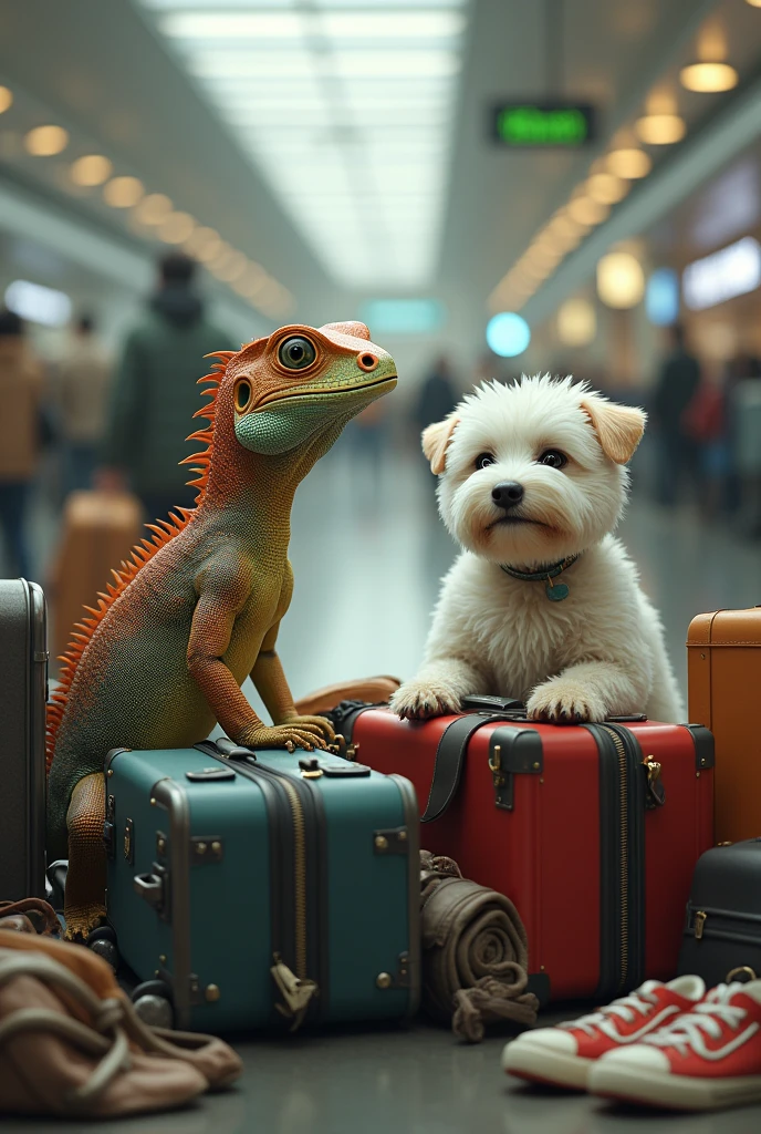 A lizard and a white dog missing their flight with their luggage, sadly.