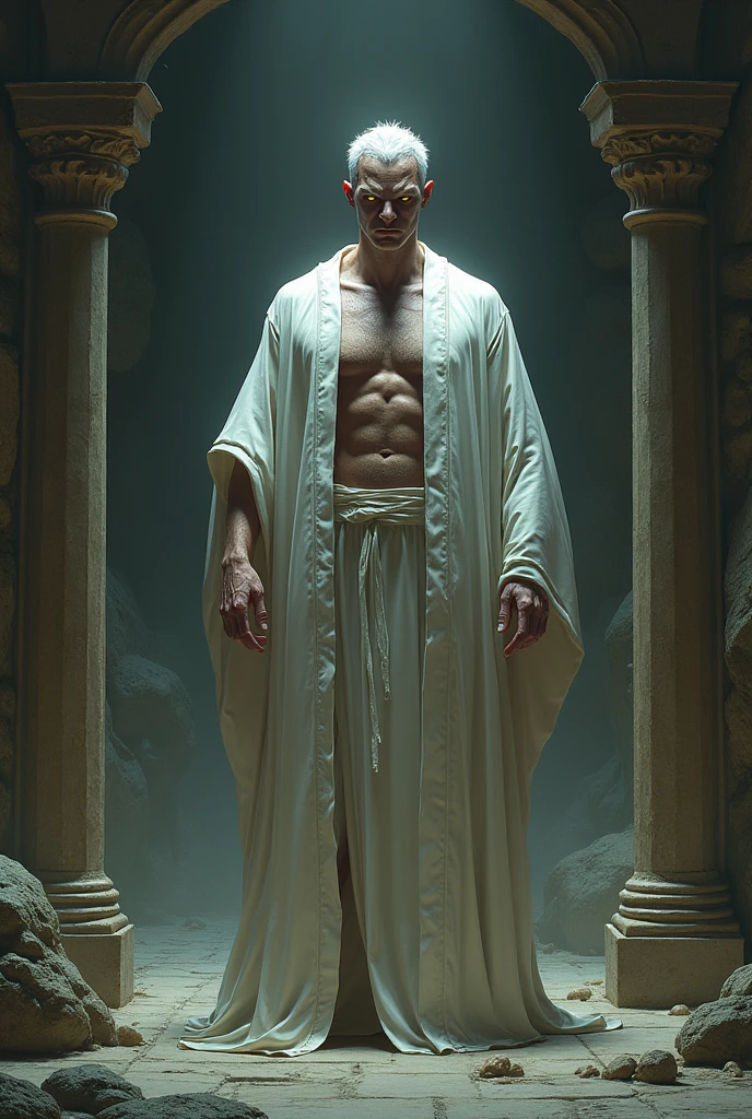 A pervert priest, 25 years old, 195 cm tall, black skinned, round face, short white hair, yellow eyes, muscular body, wearing a white robe covering his naked body, standing at the entrance to the temple