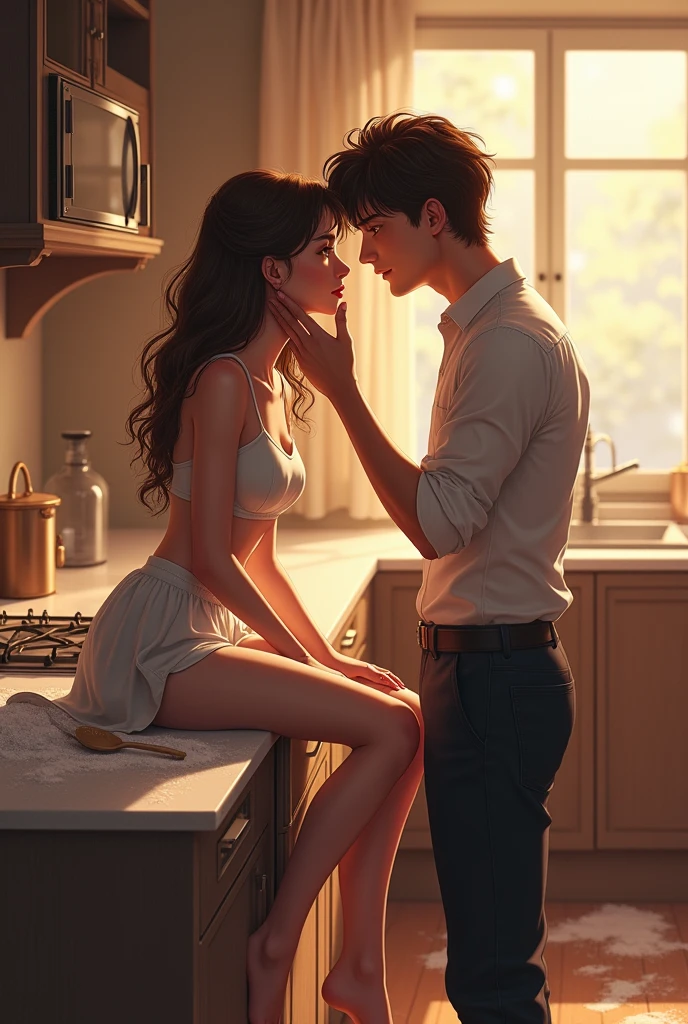 background an elegant kitchen with neutral colors, warm light. A girl sitting on top of the kitchen counter with very light brown long hair, brown eyes and red lips.. with both hands beside the bar, guy with dark brown hair and blue eyes looking at the girl and standing in front of her, with one hand on her cheek and her lips inches from hers, on the floor a mixture of flour is scattered.