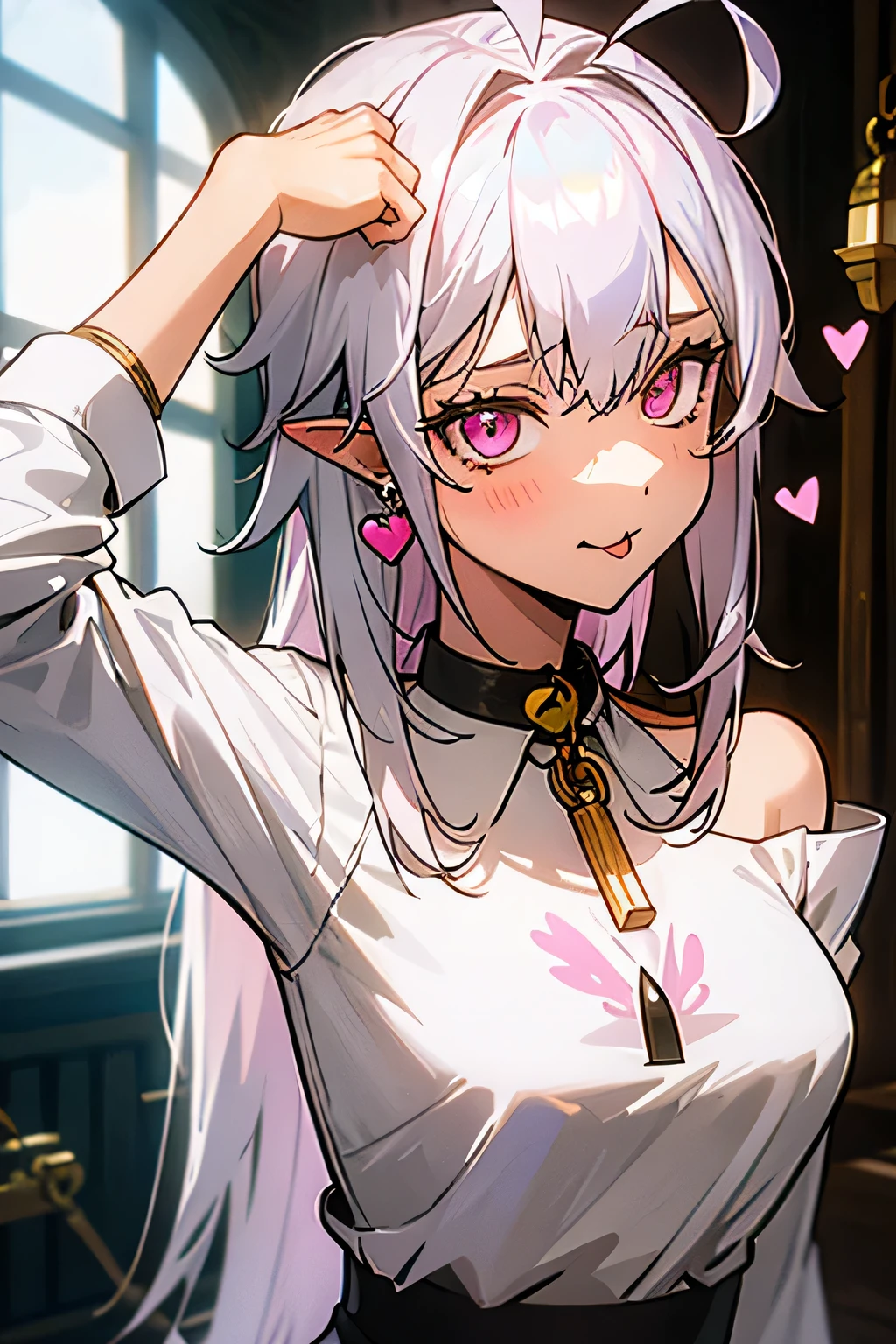 1 girl, elfo, White hair, pink eyes, pointy ears, arms up, licking your lips, eyes locked, oh there you go... bleh \(memes\), hands on your head, :q, white  shirt, Off The Shoulder, breasts big, (skeleton print:1), Heart-shaped padlock, choker, pill earrings, bracelet, Ahoge, Inside the house, standing alone, future military uniform
