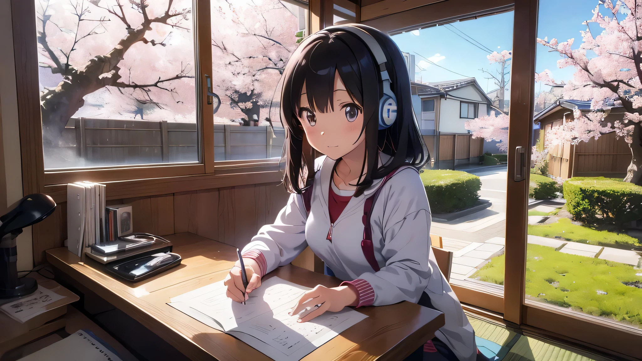 Japanese anime、Ghibli style、studying while listening to music through her headphones、Lighting is warm、Outside the large window, cherry blossoms are blooming wildly.