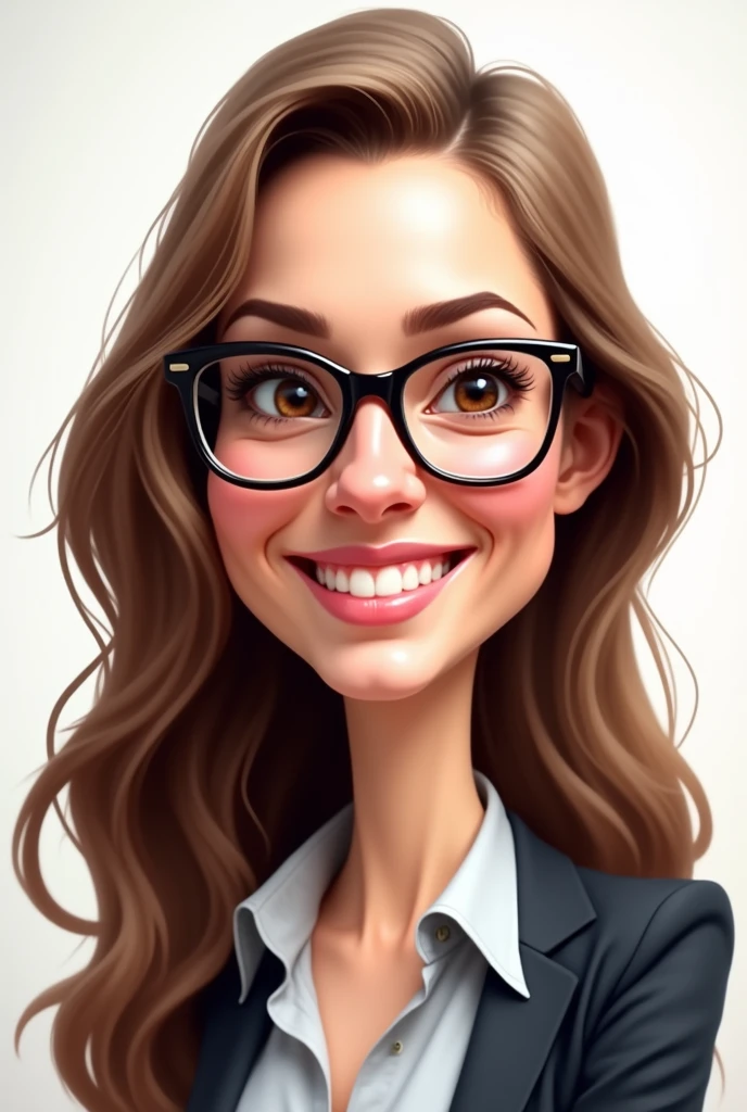 Draw a caricature of a woman with very light brown, long hair. , With glasses, White skin, with light brown eyes, medium fat and working in international business administration