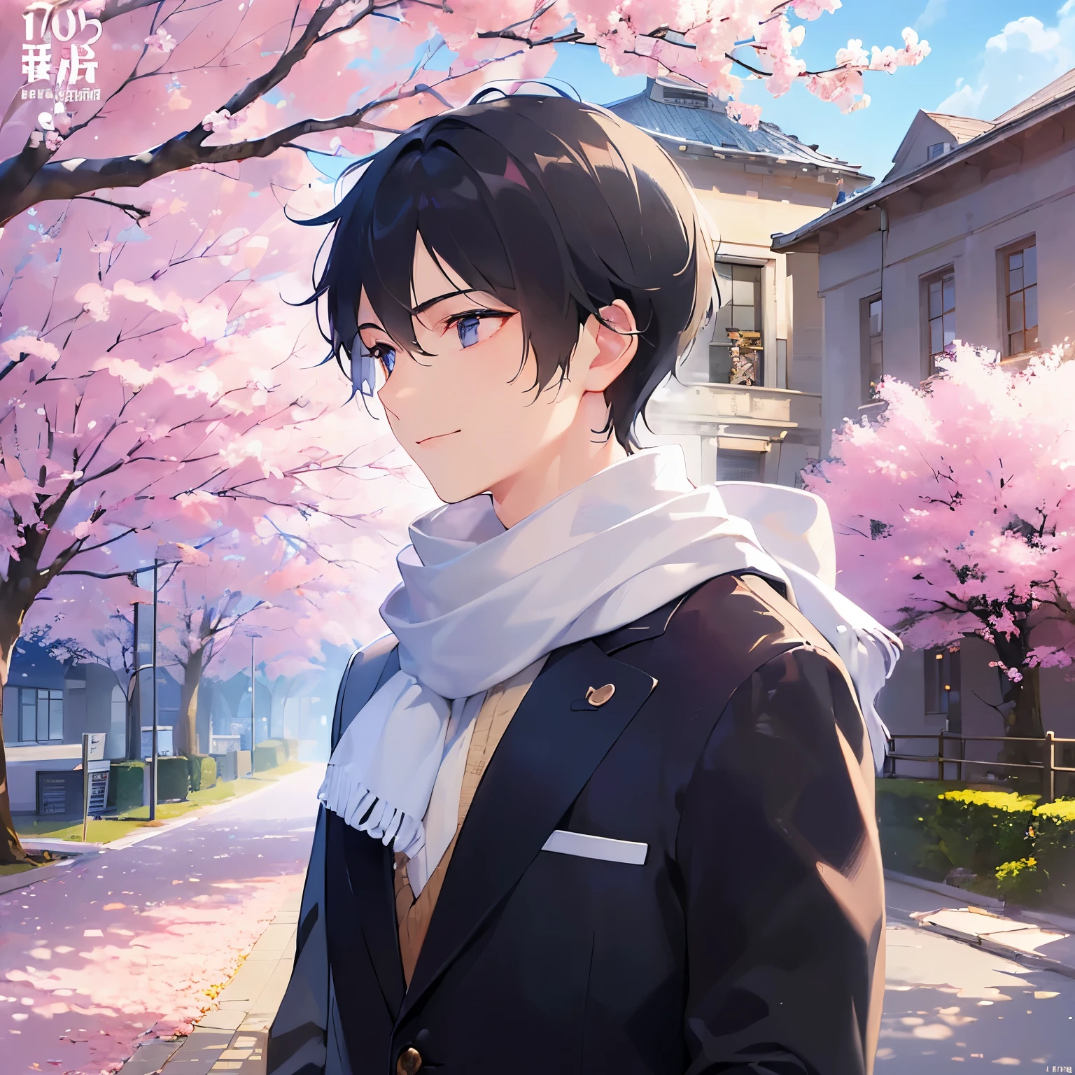 (looking away:1.5),upper body、Side shot、
shiny skin, masterpiece、Highest quality、
(20-year-old male:1.5) and (Black short hair) and (blue eyes),
school uniform, blazer、white scarf,
sad,smile,The background is school、cherry blossoms、(alone:1.5)