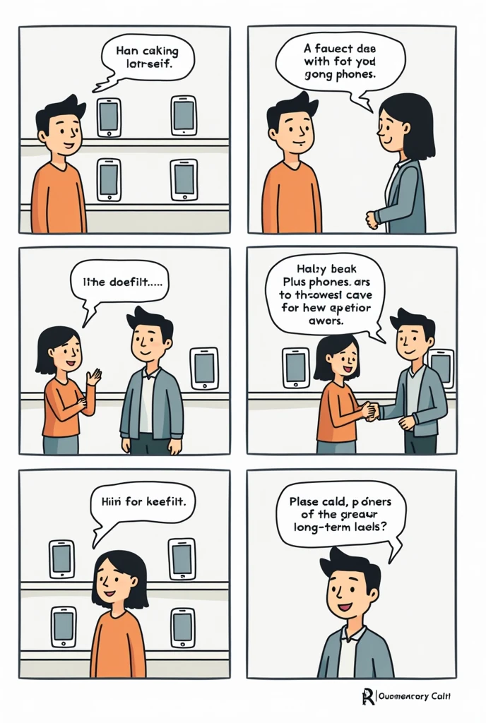 easy drawing , draw 6 frames in comic in one show
Frame 1 ( draw)
A customer looking at two similar celphone on the different shelf and each priced differently.
*Customer Thought Bubble:* "Which one is worth my money?"
Frame 2 ( draw)
A salesperson approaches and begins to explain the unique features and benefits of one product.
*Salesperson:* "This one offers extended warranty, better durability, and free customer support."
Frame 3 ( draw)
The customer compares the information they received.
*Customer Thought Bubble:* "I think this one gives me more value, even if it’s slightly more expensive."
Frame 4 ( draw)
The customer happily buys the product with added value.
*Customer:* "I’m so glad I chose this one! The extra benefits make it worth the price."
Frame 5 ( draw)
The customer uses the product and shares their experience with friends.
*Customer:* "The warranty saved me when it broke! Great value for my money."
Frame 6 (draw)
* A new customer hears the positive feedback and considers the product.
*New Customer Thought Bubble:* "Seems like a good value. I'll buy it too!"