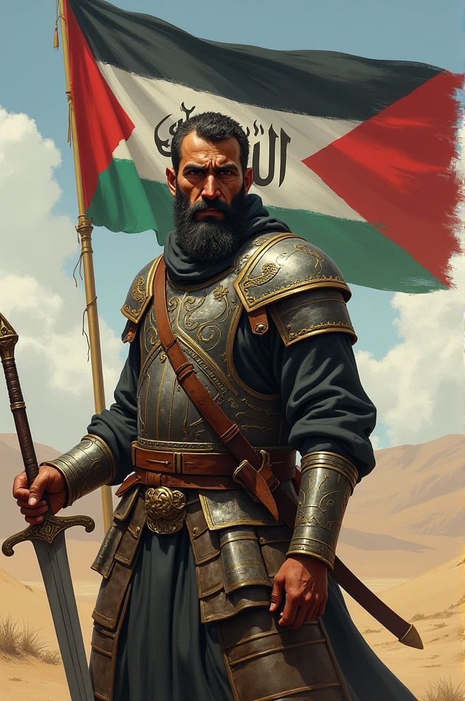 Middle Eastern Warrior, novel art style, banner Allah, Palestine, lamellar armour, holding a saber.