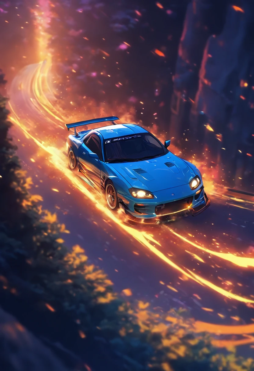 Late Night、descending a mountain pass、Sharp curve、inertia drift、Driver's Perspective、Yellow RX7、competition、Highest quality、Cornering with inertial drift、