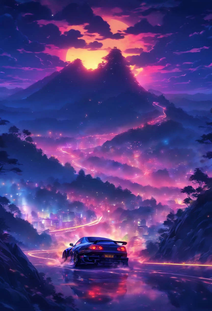 Late Night、descending a mountain pass、Sharp curve、inertia drift、Driver's Perspective、Yellow RX7、competition、Highest quality、Cornering with inertial drift、