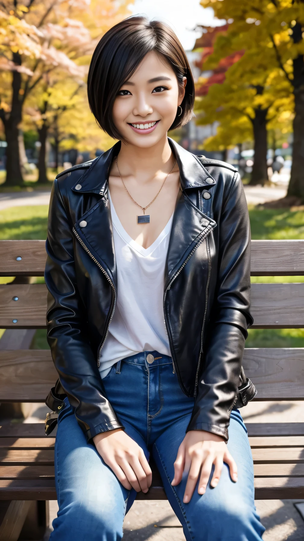 Super Resolution、Beautiful Japanese Women、Full body photo、sitting on a park bench、short hair、、ear piercing、necklace、leather jacket、shirt、Skinny jeans、boots、smile、Beautiful teeth alignment