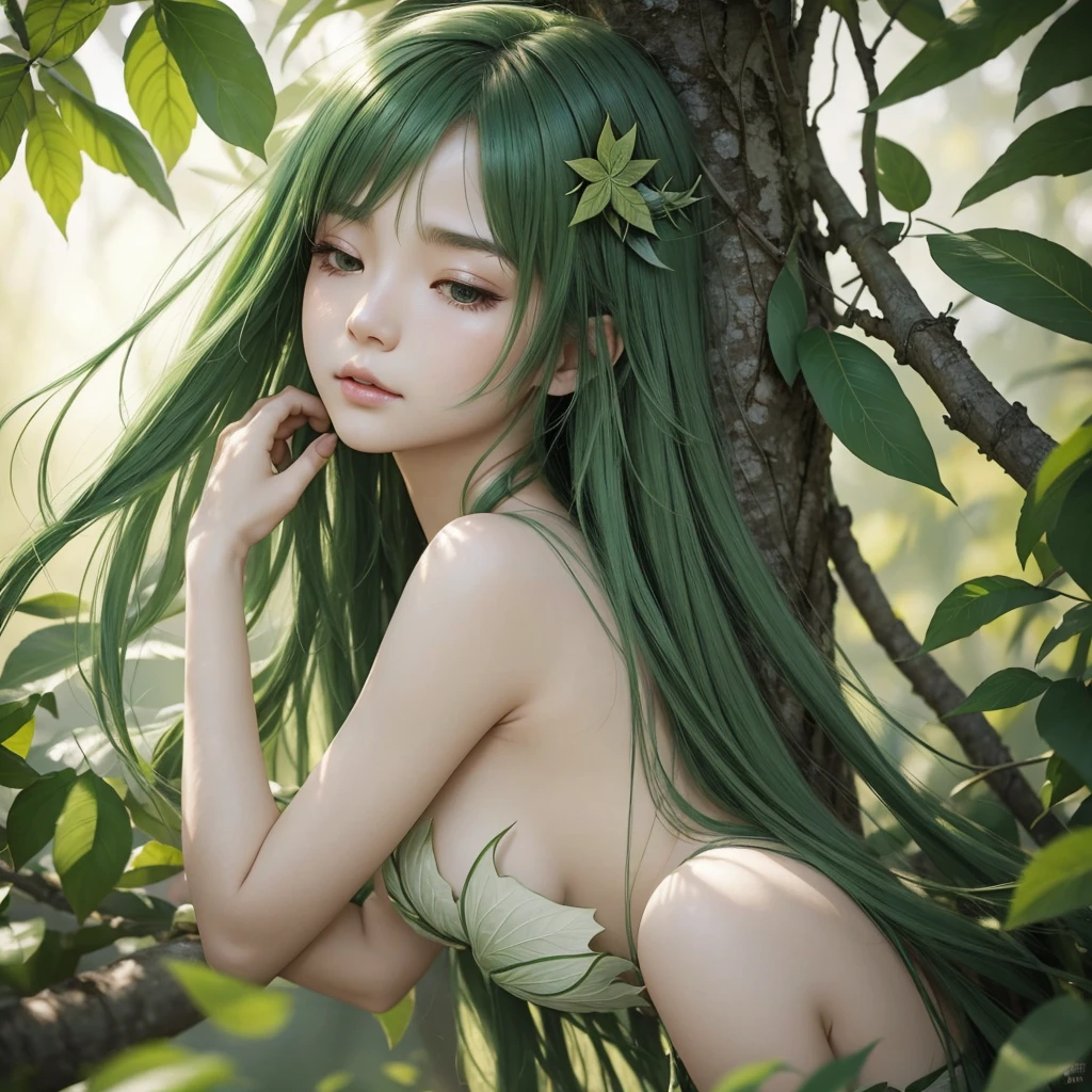 Draw a leaf fairy with a determined and focused expression、close your eyes、she extends her palm forward。Her green hair and delicate, leaf-like wings should be visible、The focus is on her face。with soft, natural tones、Emphasize the tranquility and devotional feeling。The background is a strong blur