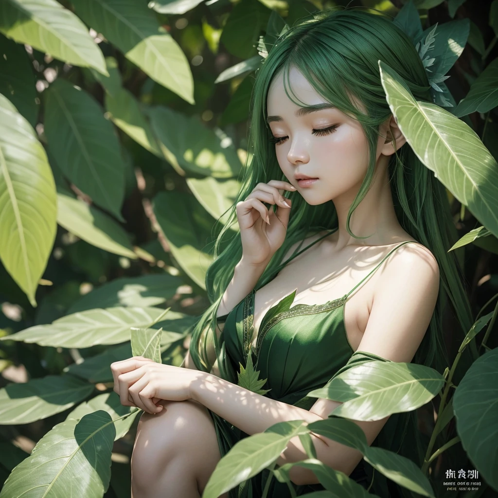 Draw a leaf fairy with a determined and focused expression、close your eyes、she extends her palm forward。Her green hair and delicate, leaf-like wings should be visible、The focus is on her face。with soft, natural tones、Emphasize the tranquility and devotional feeling。The background is a strong blur