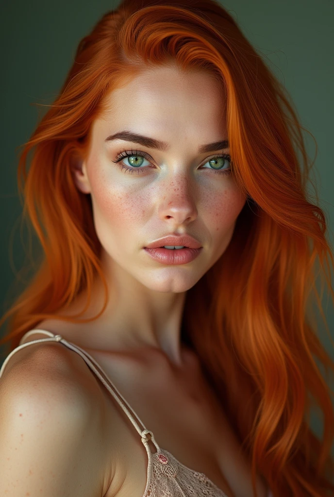 *Description for AI image:**
- An extremely beautiful woman, with long, straight hair that reaches her hips. Naturalmente light red hair, more towards light orange.
- Hair, eyebrows and eyelashes are the same color as the hair, light red hair. Emerald green eyes.
- Her face has perfect features, including a thin, symmetrical nose, like a rhinoplasty. Between 23 and 26 years old.
- With freckles scattered across his face, neck and clavicle. Velvet mouth, small with full, naturally rosy lips.
- Curvaceous body, following the Brazilian beauty standard, with defined curves and proportions. Full-body image.