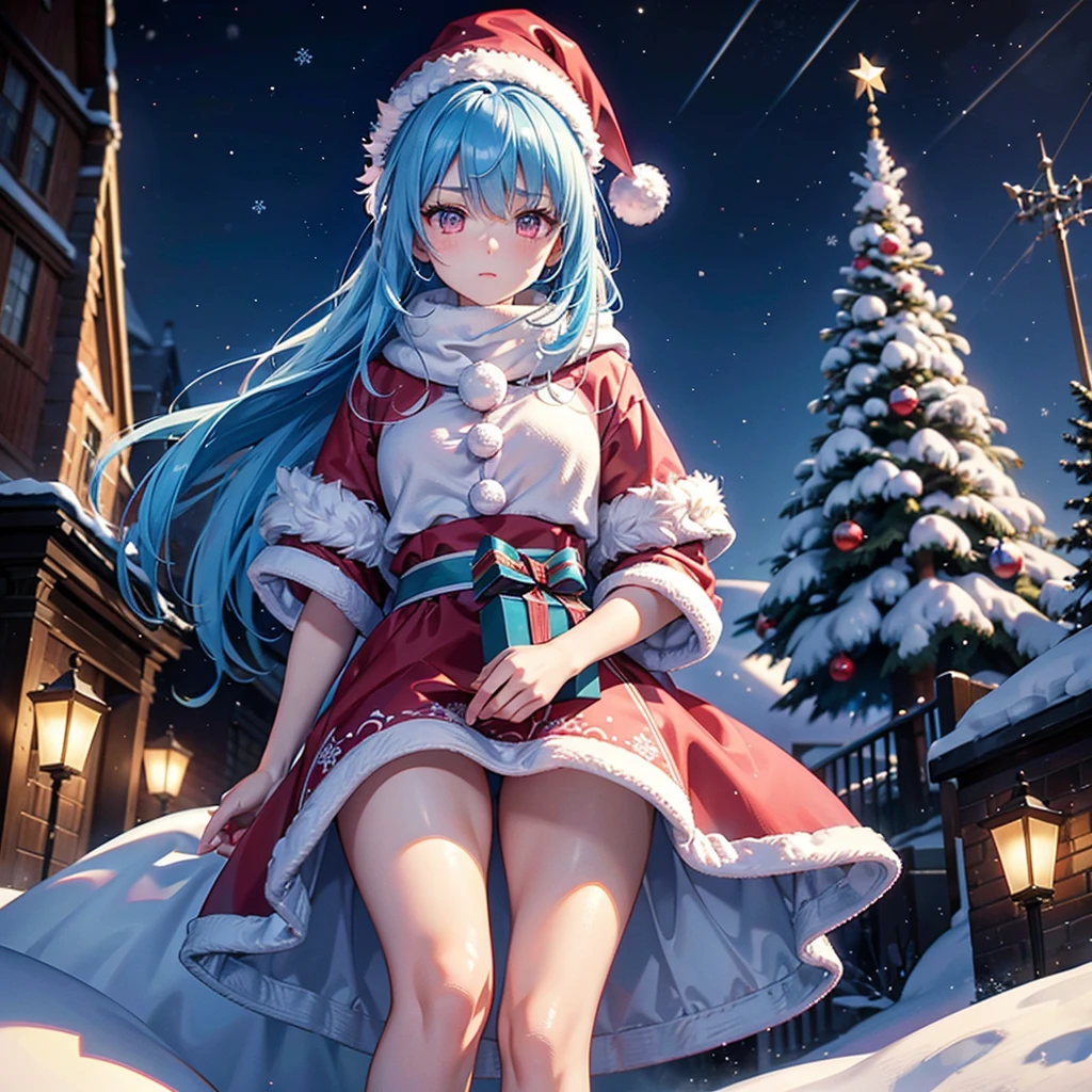 (Sky blue hair tied in a single strand),(Pink Eyes),Fair Skin,Full Body,Alone,Santa Claus Clothes,Giant Christmas Tree in the Background,Snowy Night,Sparkling Night Sky,snowman,gift box,Masterpiece, Top Quality, Very Detailed, Best Shadows,Detailed Background,Beautifully Detailed Face,High Contrast,Best Lighting, Very Delicate and Beautiful,Cinematic Light,Hyper Detail,8k,Dramatic Light,Exquisite Detail,