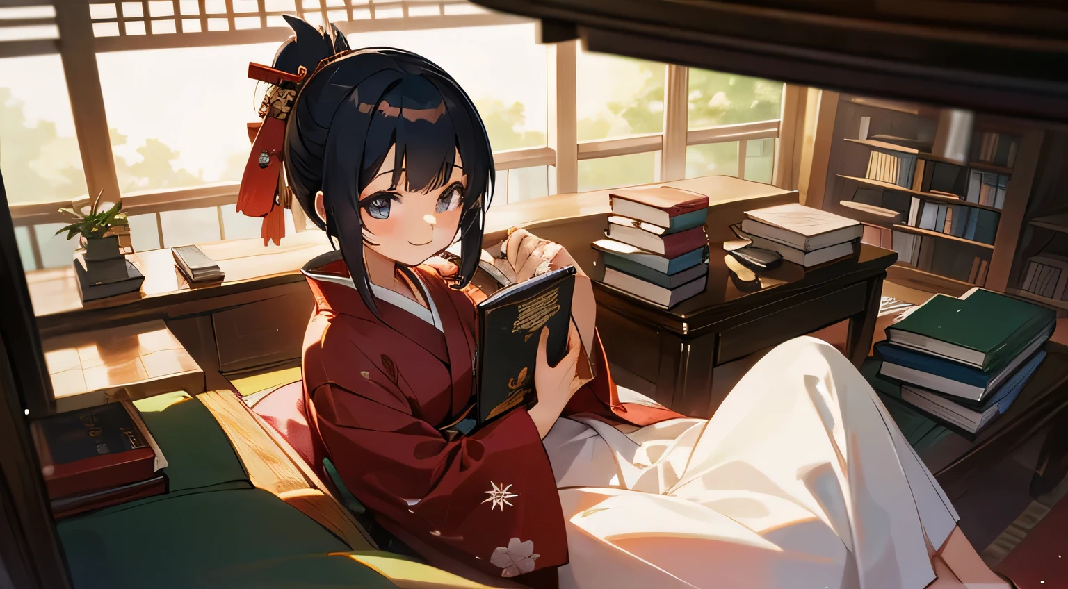 liblary,books,smile,kimono,japanese girl,reading book