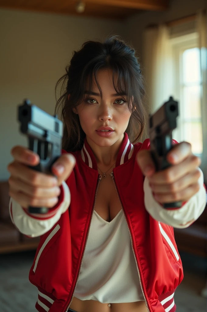 wide depth of focus, living room background, wasteland,, fragments, soft feminine red and white satin bomber jacket, woman holding 2 pistols,pointing pistols at camera, fighting stance,almost perfect, pure form, intricate details, 8K post-production, high resolution, super detailed, Popular topics on Artstation,, Studio photos, intricate details, Very detailed, both woman and her pistol are in focus