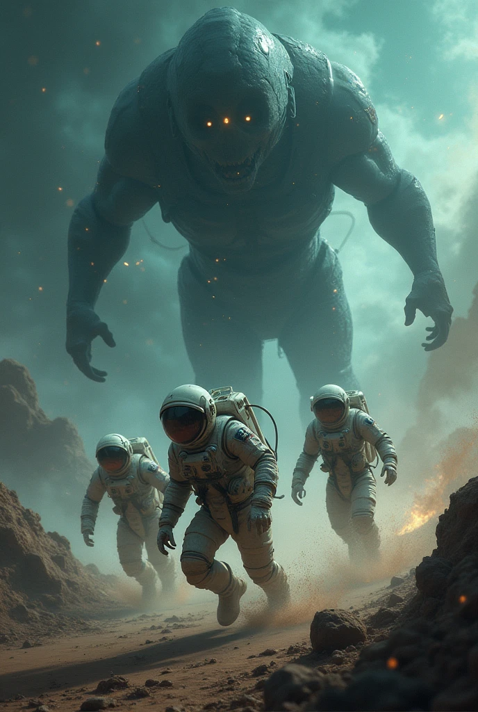 Astronauts escaping from a monster in the universe