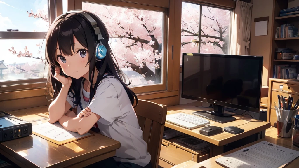 Japanese anime、In Ghibli style、studying while listening to music through her headphones、Lighting is warm、Outside the large window, cherry blossoms are blooming wildly.