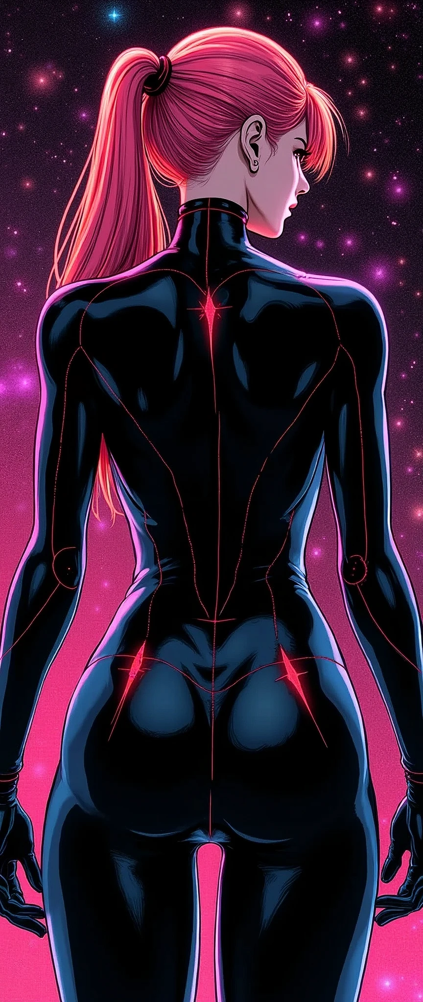 (masterpiece:1.2),(Highest quality),(Very detailed),(Ultra-high resolution),(Best illustrations),8k,wallpaper,Samus Aran,ponytail,Metroid,(The fabric is very thin, a black Zero Suit that clearly shows the shape of your body.:2.0),(Back view:2.0),whole body,psychedelic,Neon Art,Vector art,Layered textures,sf,cyber punk,(Super sexy:2.0),(Super huge breasts:2.0),(Super thick thighs:2.0),(Super sexyなパワードスーツ:2.0),(Detailed depiction of the Zero Suit:2.0),(Super sensual:2.0),(Background is black with cosmic geometric patterns:2.0),(American comic book style:2.0)