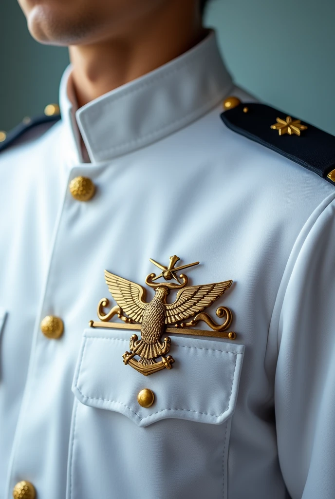 A zoomed-in image of the badge on a Naval Officer Candidate's uniform.