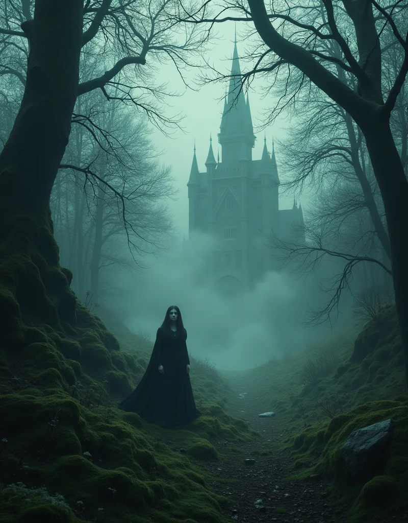 Mysterious and enchanting forest shrouded in mist、A faint glimpse of a female vampire, facing this way, can be seen deep in the forest.、Gothic castle in the background、Highly detailed and realistic cinematic lighting、Dramatic atmosphere、Moody colors、Intricate details、Painterly style
