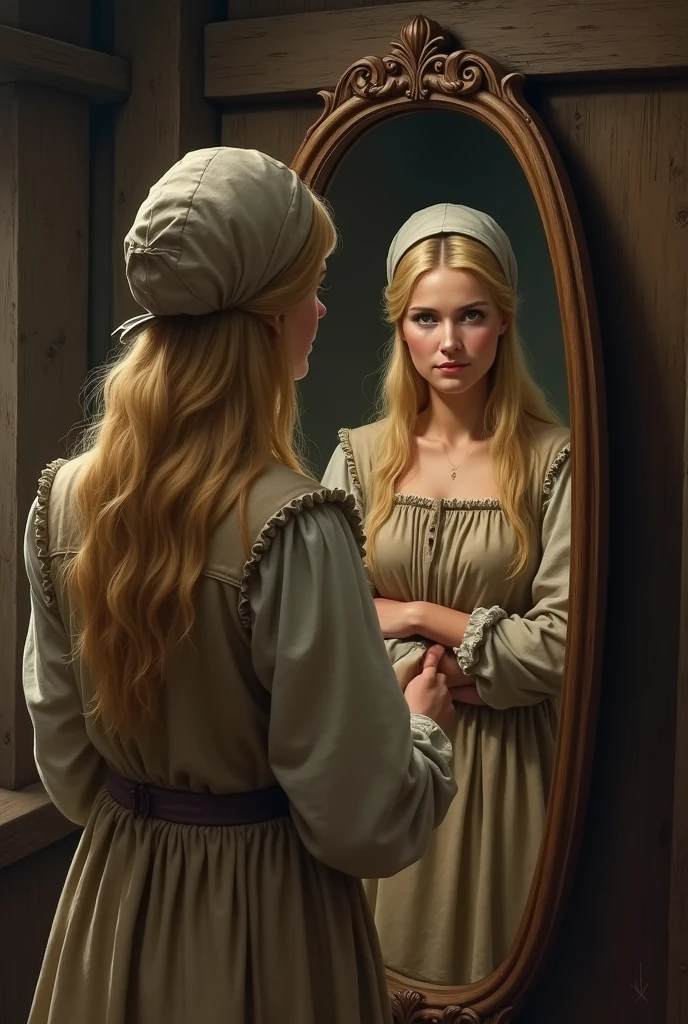 Create a of from the medieval era dress like a peasant looking at themself in the mirror, Reflecting her image in the mirror, a blonde princess wears a pink dress...