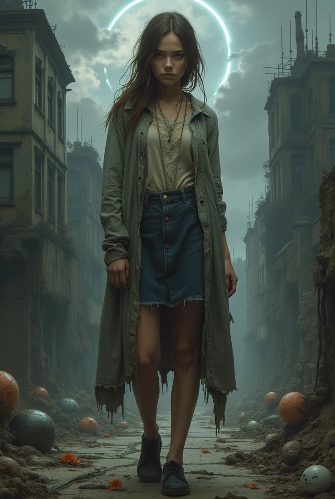 "Create a hyper-realistic portrait of a young woman standing in a surreal, decaying world that visually represents the weight of her traumas and struggles. Her face is detailed with deep emotion—her eyes, slightly hollow, reveal a history of pain and sorrow, while the lines on her face suggest both youth and a life lived under the burden of suffering. Her expression is one of quiet despair mixed with resilience, as if she is caught between giving up and fighting on.

The background is a crumbling, dystopian landscape, filled with dilapidated buildings, broken mirrors, and distorted reflections of her past. The ground beneath her feet is cracked and uneven, with tendrils of darkness creeping up from below, symbolizing the lingering effects of her inner demons. Above her, the sky is filled with swirling clouds of gray and black, occasionally pierced by harsh, unnatural light that casts long, ominous shadows.

Her clothing is tattered and worn, representing the battles she has faced. Perhaps there are faint, ghostly images of her younger self or memories of happier times barely visible in the background, now distorted and fading away. Surrounding her are fragments of symbolic objects—shattered clocks, wilted flowers, broken chains—all representing the various traumas and challenges she has endured.

Despite the decay and darkness, there is a subtle glow around her, suggesting a flicker of hope or inner strength. This glow is faint but persistent, contrasting with the bleakness of her environment, symbolizing her resilience and the possibility of healing.

The color palette is muted, with tones of grays, browns, and deep blues dominating the scene, but with small accents of color—perhaps in her eyes or in the glow around her—that draw attention and hint at the complex emotions she carries. The overall mood is one of melancholy and introspection, capturing the profound impact of her experiences on her identity and soul."

This prompt is designed to create a deeply emotio