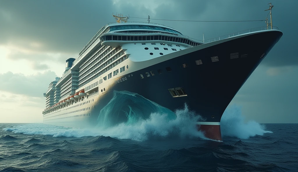 huge cruise ship in distress. The camera circles the ship as a crack forms