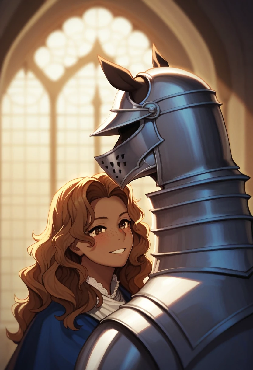 (male Pony), (Dark Tan Skin), brown hair, (medium length wavy hair), brown eyes, faint blush and freckles, happy expression, ((knight)), ((hair styled down with helmet), in a cathedral, holy lights around, rundown cathedral setting, ethereal lighting.
