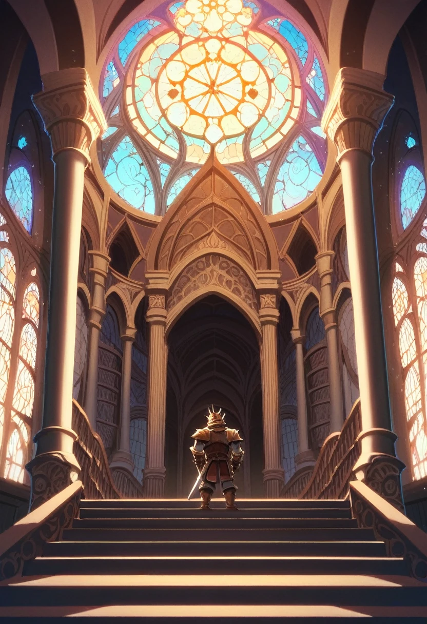 (male Pony), (Dark Tan Skin), brown hair, (medium length wavy hair), brown eyes, faint blush and freckles, happy expression, ((knight)), ((hair styled down with helmet), in a cathedral, holy lights around, rundown cathedral setting, ethereal lighting.
