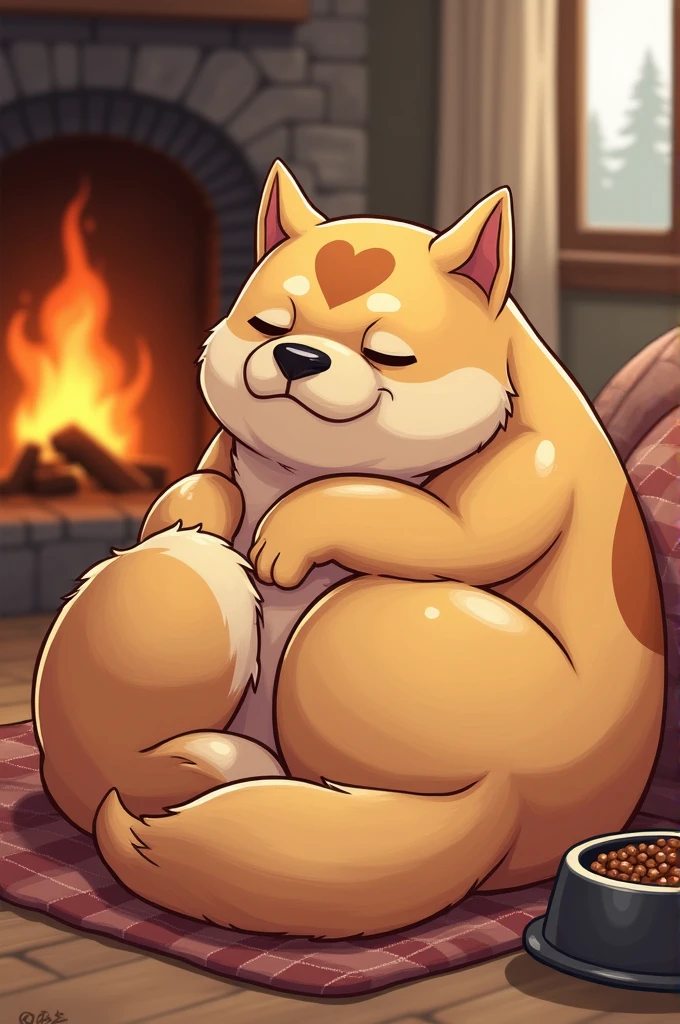your dog will have a muscular and robust appearance, curled up in a relaxed way but showing its sturdiness. The heart-shaped brown spot on its head and its tender gaze will be well represented. The illustration will capture the warm and cozy atmosphere with the fire and the food and water bowls nearby. It will be a charming image!