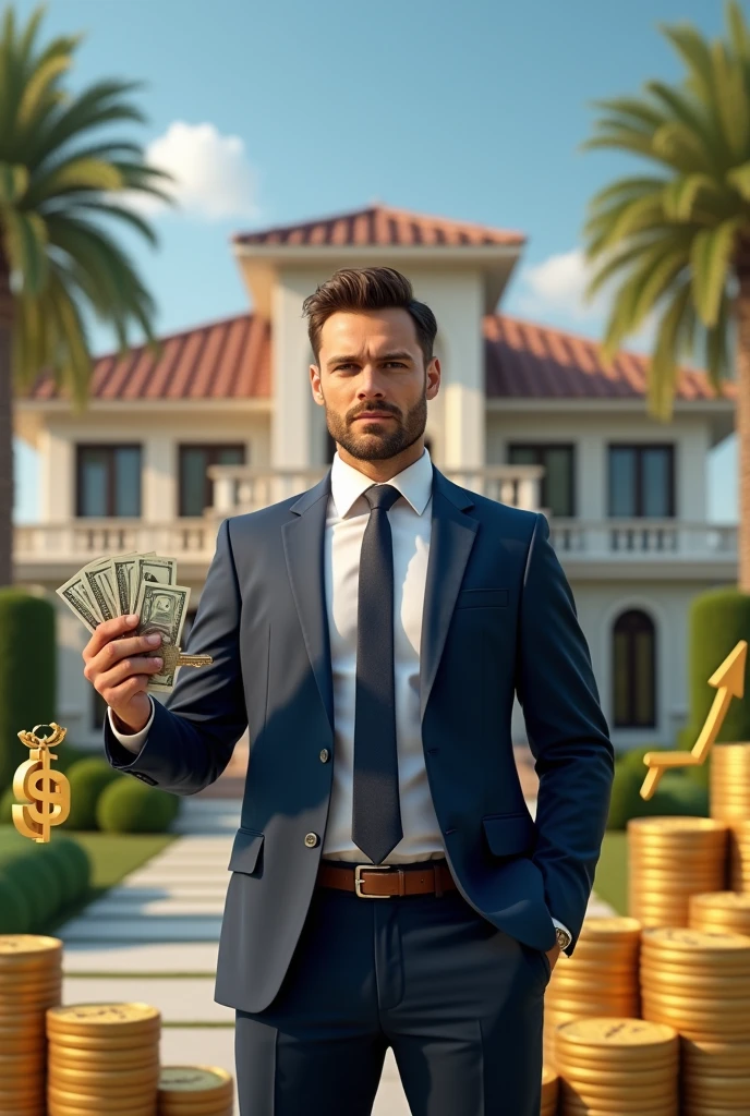 "Create an image symbolizing real estate commissions and financial success. Depict a real estate agent holding a set of house keys in one hand and a stack of cash in the other, standing confidently in front of a luxury property. Surround the scene with visual elements like dollar signs, gold coins, and rising financial graphs, emphasizing wealth and the rewards of closing deals. The overall vibe should be one of achievement, prosperity, and the lucrative nature of the real estate business."