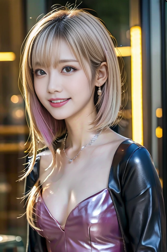 Beautiful Japanese woman, Beautiful smile, Lip gloss, Dramatic makeup, Close-up photo, (Large sparkly necklace), (big shiny bracelet), Inside the office, Improve, (((Medium platinum blonde hair with dark pink highlights))), ((Business style dark gray and dark pink leather dress)), Sweet and sexy, Captivating look,Adorable look,