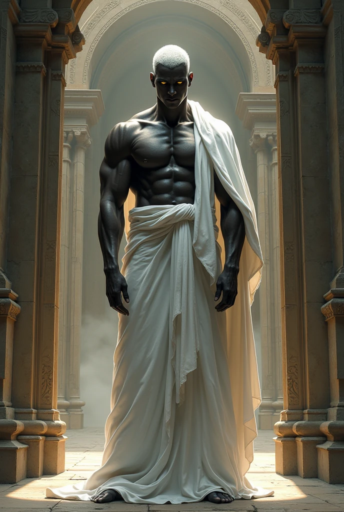 A oblique priest, 25 years old, 195 cm tall, black skinned, round face, short white hair, yellow eyes, muscular body, wearing a white robe covering his naked body, standing at the entrance to the temple