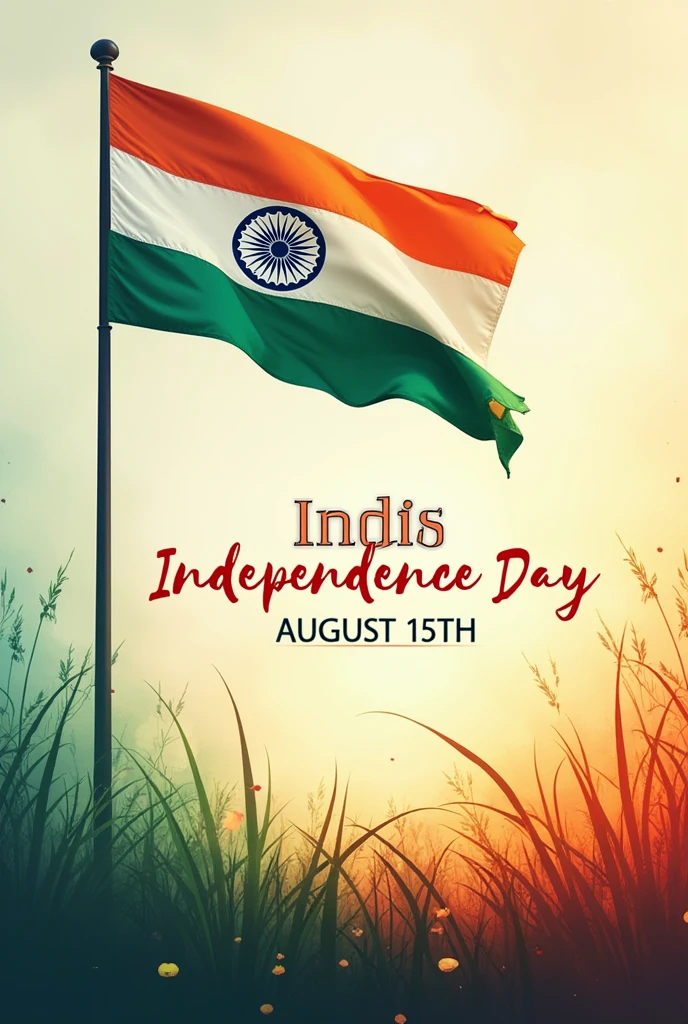 A poster for 15th august for a shoes selling page with flag with a aesthetic picture and some small slogan independence day for Independence day for India 