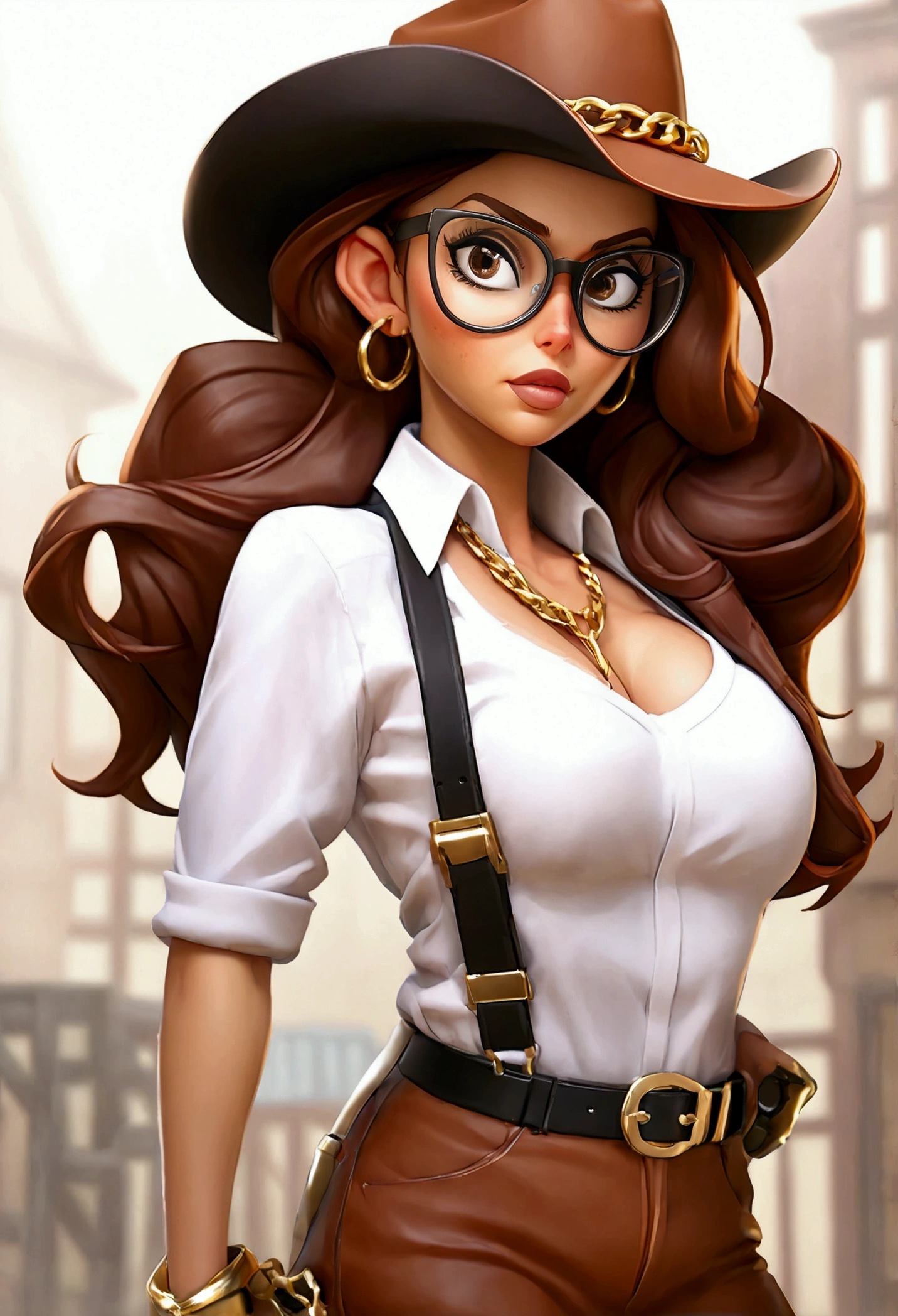 (Best quality, high resolution: 1.2), Ultra-detailed, (Realistic: 1.37) brunette, medium brown hair, brown eyes, with  black glasses round small chest, 30 years, full body,  brown leather cowgirl style((( big boobs sexy))) black suspender and gold chains neck