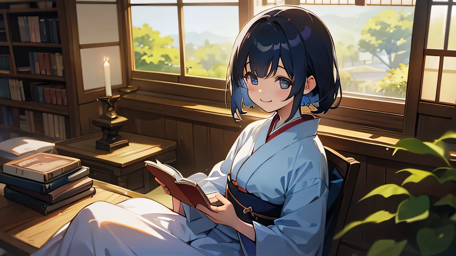 liblary,books,smile,kimono,japanese girl,reading book,window,blue sky