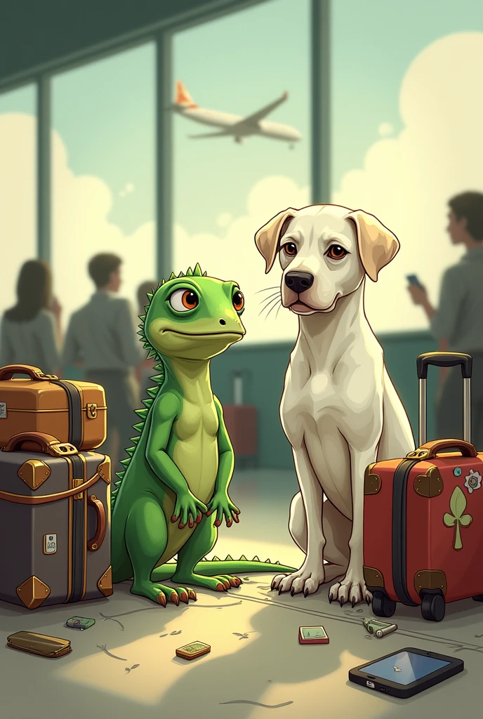 A green lizard and a white dog missing their plane with their luggage, sadly.