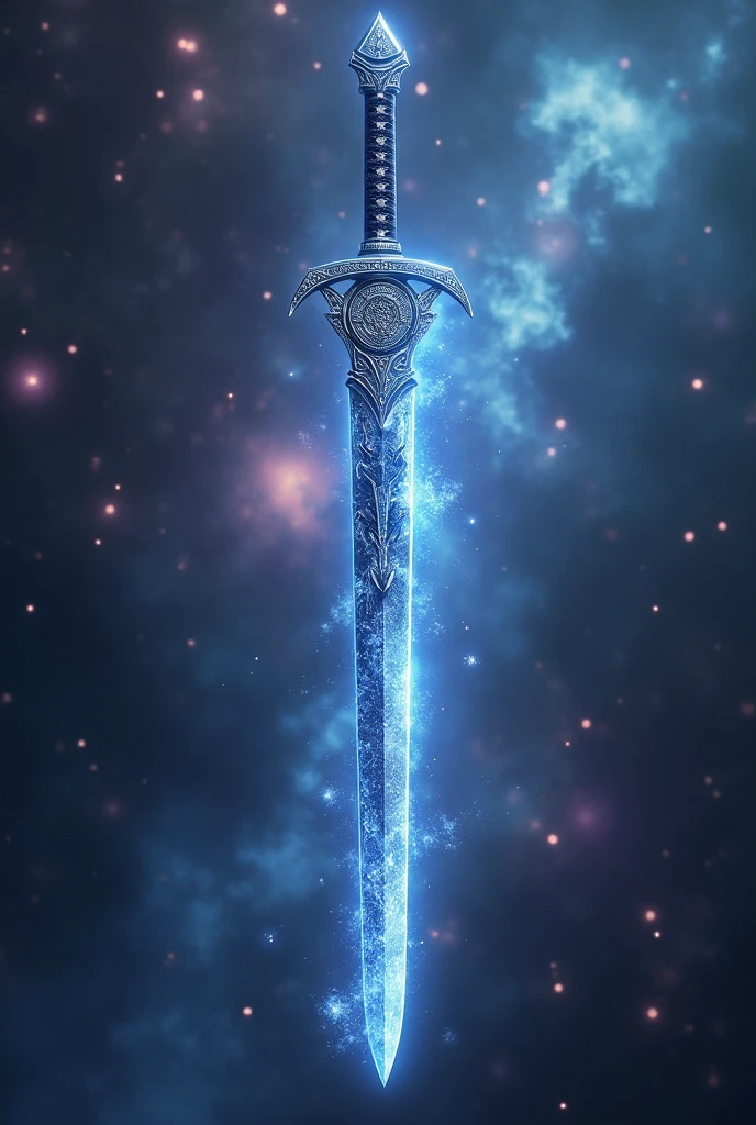 A Demon Slayer anime katana, extremely powerful, made of brilliant diamond, hanging in the air in the middle of the universe.