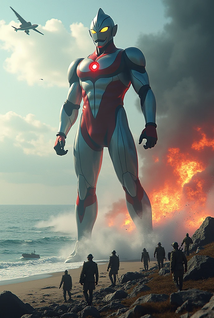 a large ultraman taro in water fighting and kicking a huge army on a battlefield, detailed war scene with soldiers, tanks, aircraft, explosions, sea, beach, tilt-shift photography style, 1940s world war 2 setting, hyperdetailed, cinematic, masterpiece, best quality, 8k, hyper realistic, volumetric lighting, dramatic lighting, vibrant colors, highly detailed, intricate details, subtle film grain, seamless composition
