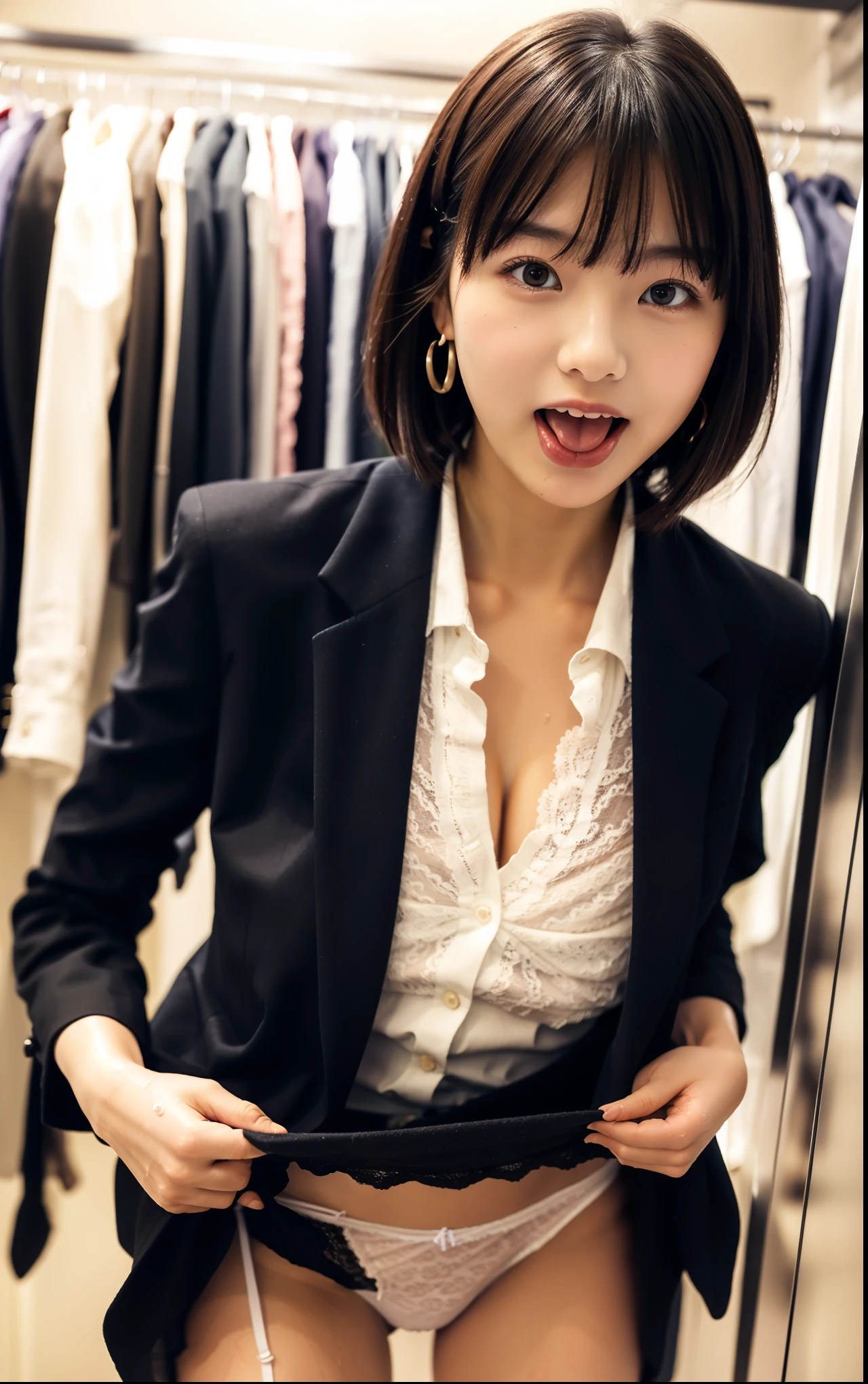Sticking out tongue,leaning forward:1,bent over,Inside a suit shop,(The skin is wet from sweat),(Wearing a shirt:1.2),Suits lined up,(Put your hands forward),looking at the camera,Cleavage,smile,Skirt Lift、Lift your skirt with your hands,woman, 20-year-old, Short Hair、bangs、(Plain suit skirt),(White lace panties)、Cute earrings
