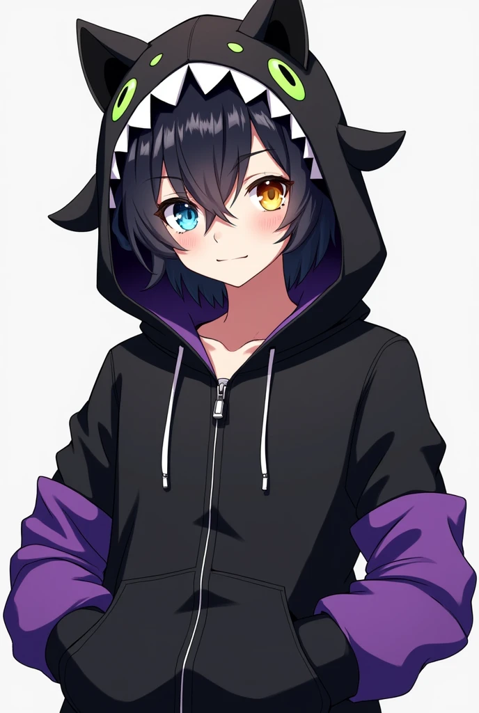 black zip hoodie,18 year old, cool boy with white hair,The hood of the hoodie has black ears and two large cute all green eyes, and the frame of the hood has white fangs,The hoodie has purple fabric from the elbows down,Odd-eyed, left eye blue and right eye yellow,sharp face anime style,boy!