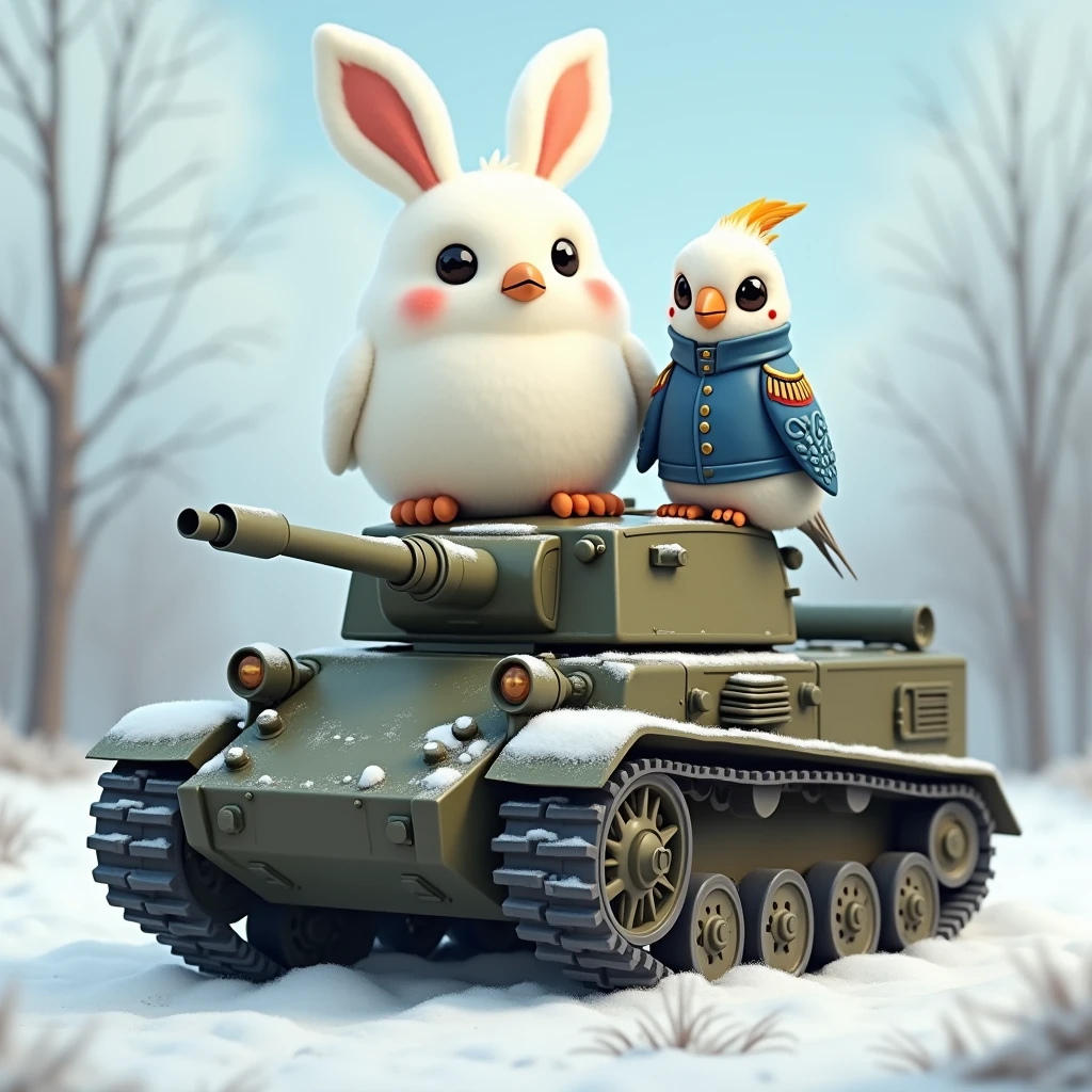 A pure white, perfectly round snow bunting wearing Japanese samurai armor riding a tank and wielding a katana.
