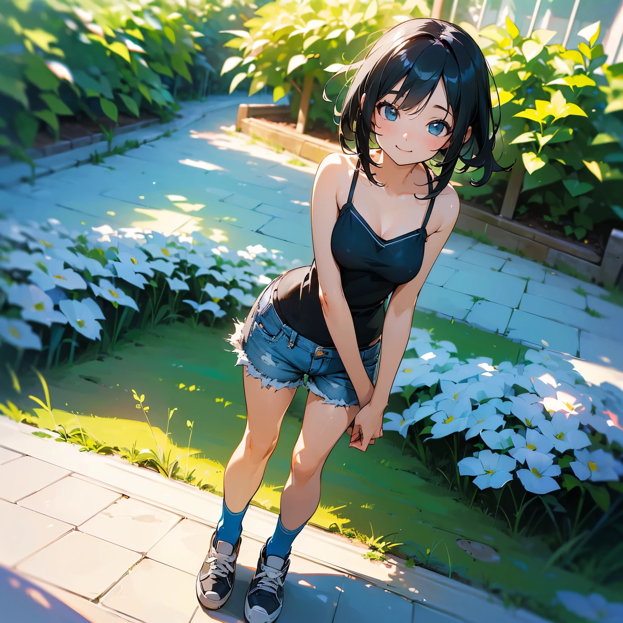 (high quality, High resolution, Very detailed, reality:1.37), Peaceful atmosphere, (Outdoor, garden), Teenage girl standing alone, (my breasts are big.), Beautiful details, Cute Smile, (Black bob hair), camisole, denim shorts, Blue socks, sneakers.