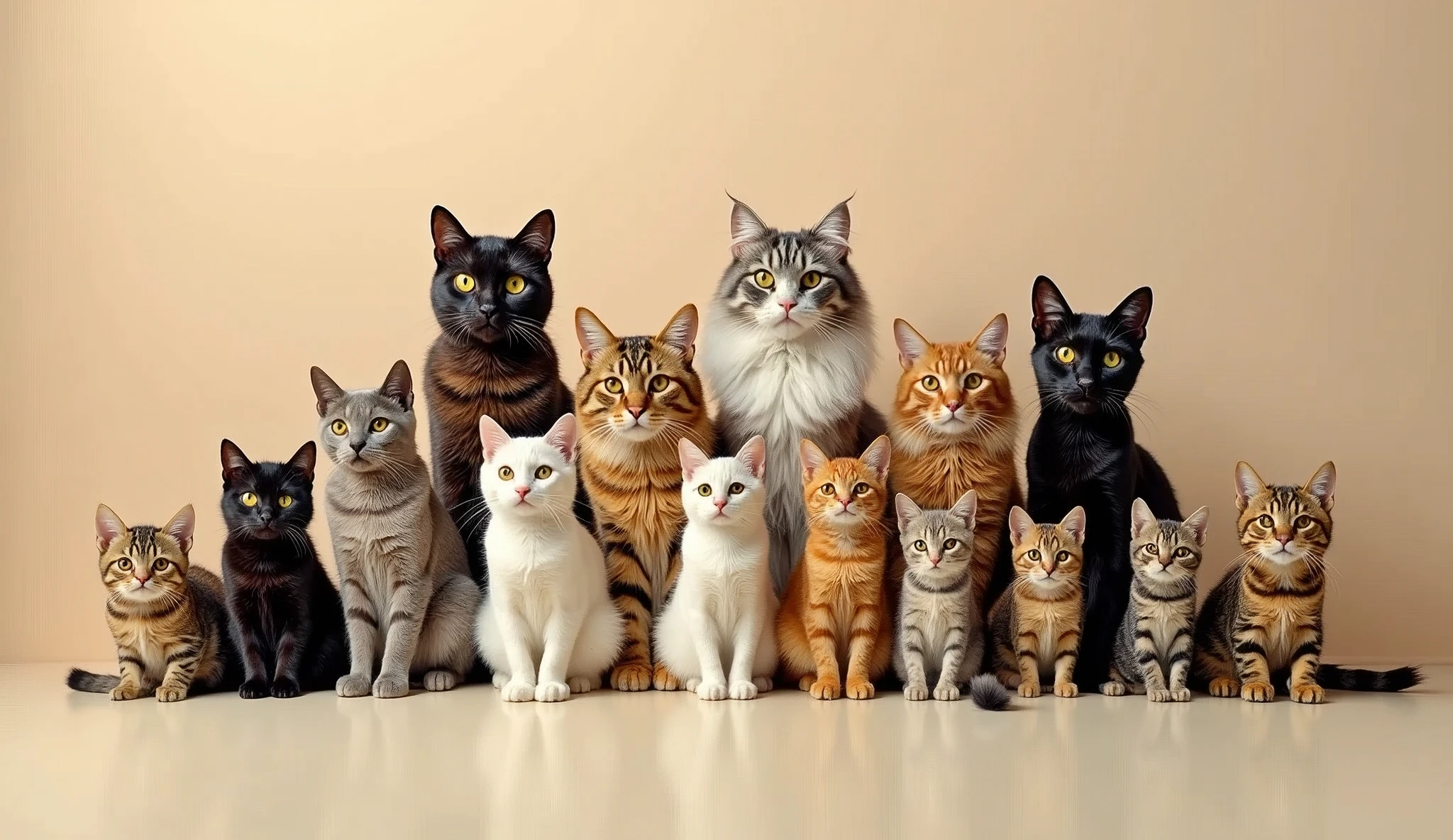 Knolling of various worldwide types of cats, plain colored background, photography