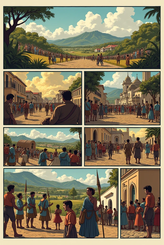 Create a comic strip with 8 panels that depicts the state of Colombia in the past.