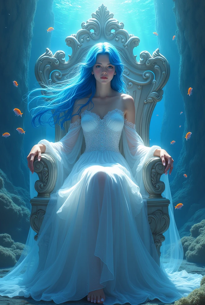 Blue haired beautiful girl, wearing a combination of white and blue flowing gown, sitting on a throne inside an aquatic kingdom.