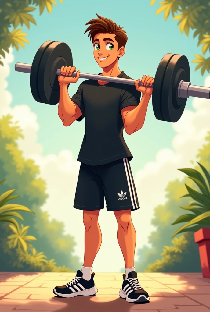 Make me a Disney-style image of a young man with green eyes, brown hair combed back, with a defined jawline using a black t-shirt, adidas shorts and adidas sneakers, lifting a 10kg dumbbell