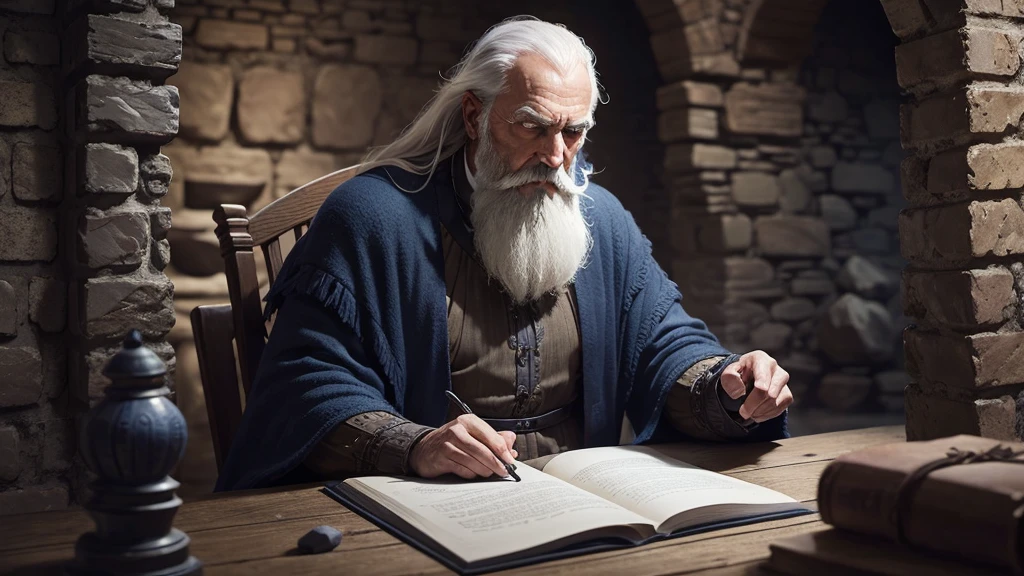 dark room with stone bricks walls, medival fantasy interior, 1man, old man, sorcerer, dark blue clothes, gray beard