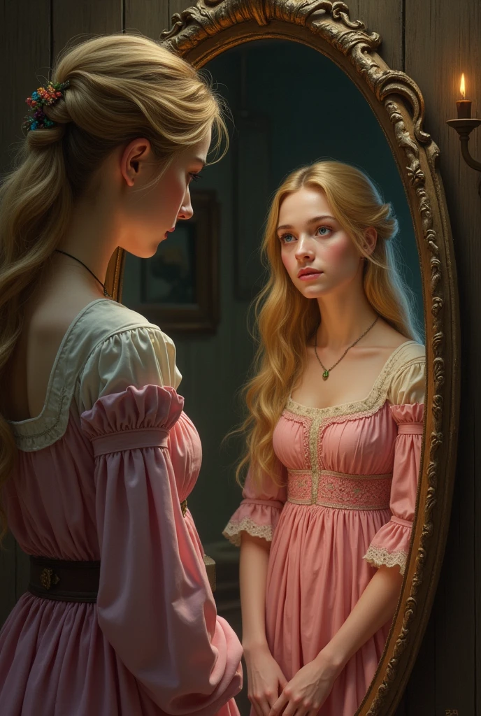 Create a of from the medieval era dress like a peasant looking at themself in the mirror, Reflecting her image in the mirror, a blonde princess wears a pink dress...