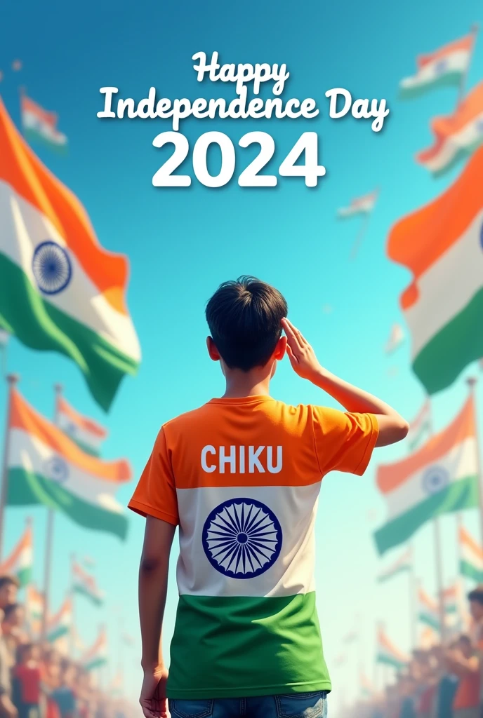 A25 year old  young boy stands proudly under a clear blue sky, celebrating Independence Day on August 15th, 2024. He is wearing a vibrant tricolor T-shirt with his name "CHIKU" printed on the back, along with a large image of the Ashoka Chakra. The sky above him features the words "Happy Independence Day 2024" in bold, festive letters. Indian flags are flying around him, and a sense of national pride fills the air as he salutes, symbolizing his love for the country.