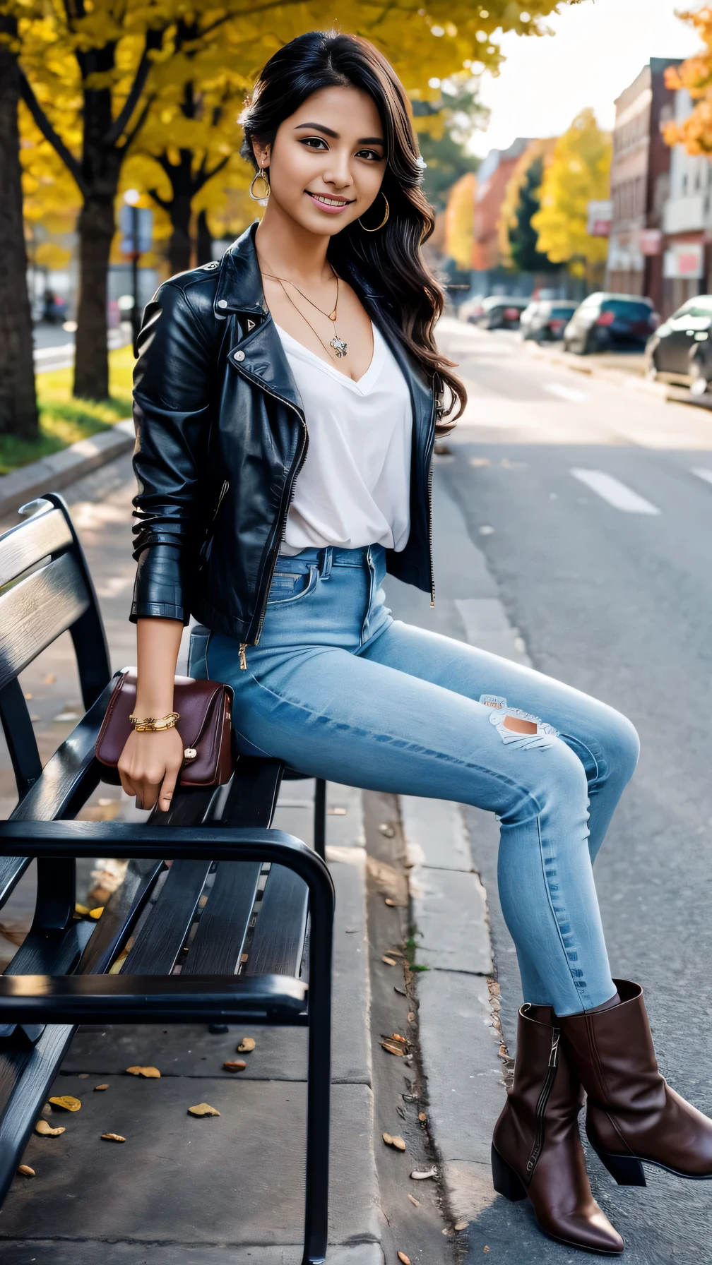 Super Resolution、Beautiful Indian Woman、Full body photo、sitting on a park bench、Hairstyle braid、、、ear piercing、necklace、leather jacket、shirt、Skinny jeans、boots、smile、Beautiful teeth alignment
